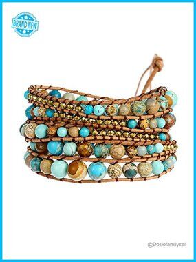 Handmade Natural Stone Leather Bead Wrap Bracelets - 36in Adjustable